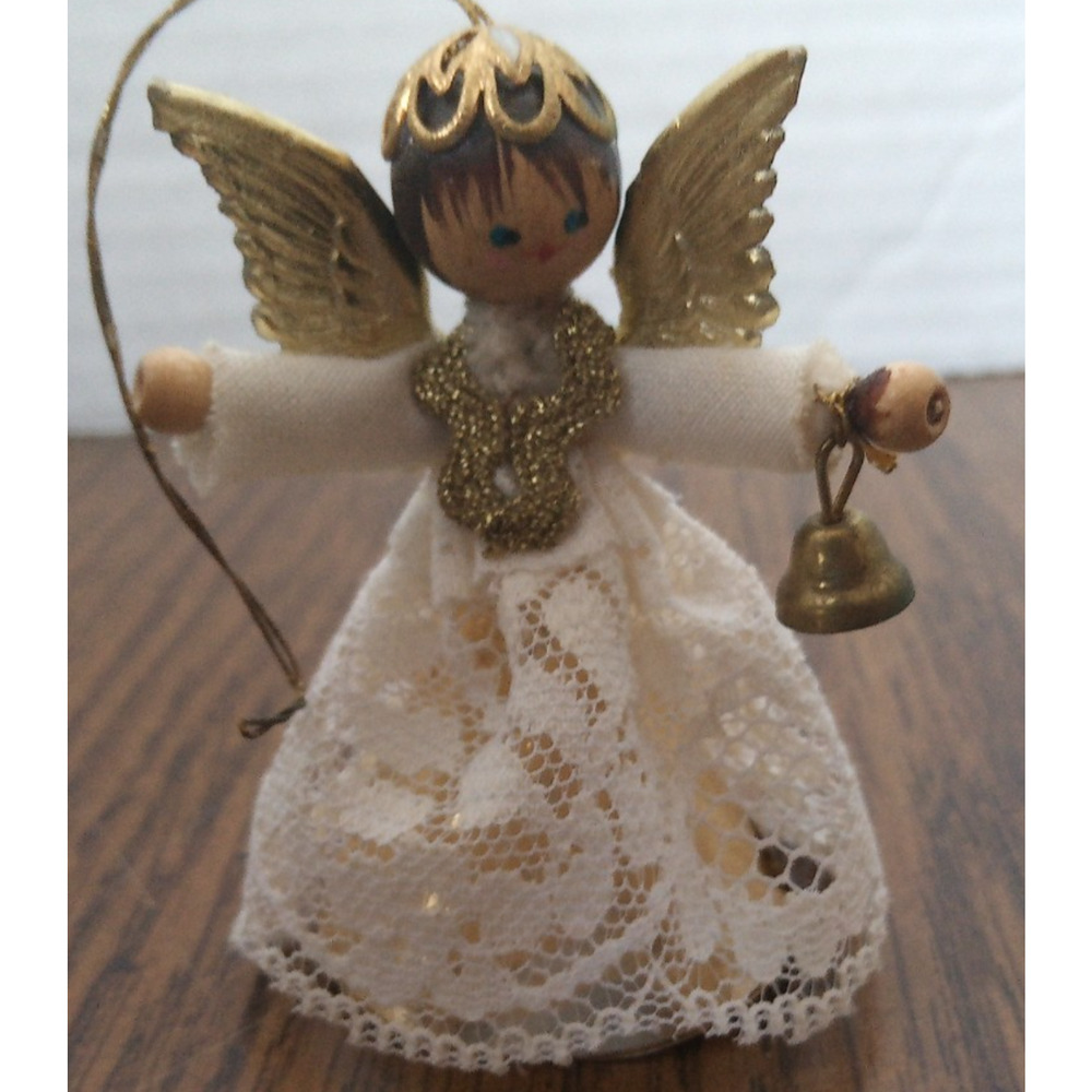 White And Gold Metal And Lace Angel With Bell Ornament